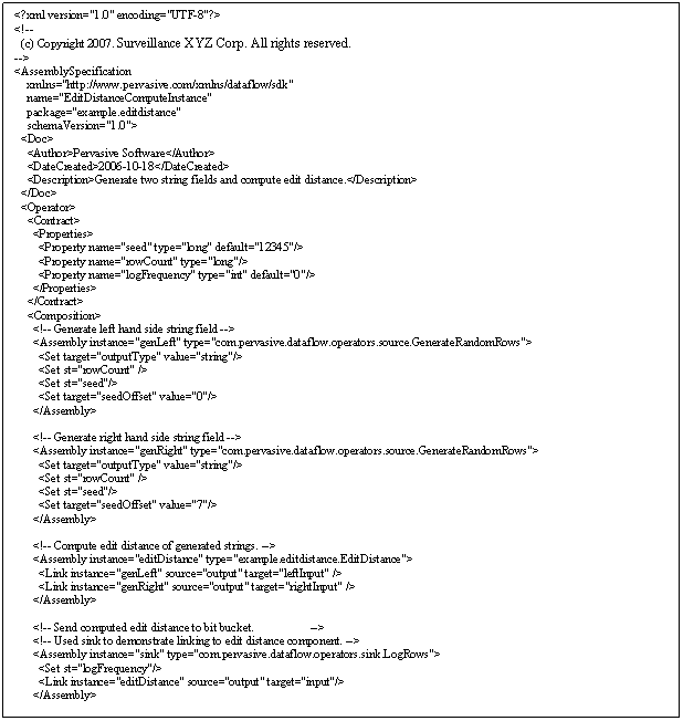 Text Box: <?xml version=1.0 encoding=UTF-8?> <!-- (c) Copyright 2007. Surveillance XYZ Corp. All rights reserved. --> <AssemblySpecification xmlns=http://www.pervasive.com/xmlns/dataflow/sdk name=EditDistanceComputeInstance package=example.editdistance schemaVersion=1.0> <Doc> <Author>Pervasive Software</Author> <DateCreated>2006-10-18</DateCreated> <Description>Generate two string fields and compute edit distance.</Description> </Doc> <Operator> <Contract> <Properties> <Property name=seed type=long default=12345/> <Property name=rowCount type=long/> <Property name=logFrequency type=int default=0/> </Properties> </Contract> <Composition> <!-- Generate left hand side string field --> <Assembly instance=genLeft type=com.pervasive.dataflow.operators.source.GenerateRandomRows> <Set target=outputType value=string/> <Set st=rowCount /> <Set st=seed/> <Set target=seedOffset value=0/> </Assembly> <!-- Generate right hand side string field --> <Assembly instance=genRight type=com.pervasive.dataflow.operators.source.GenerateRandomRows> <Set target=outputType value=string/> <Set st=rowCount /> <Set st=seed/> <Set target=seedOffset value=7/> </Assembly> <!-- Compute edit distance of generated strings. --> <Assembly instance=editDistance type=example.editdistance.EditDistance> <Link instance=genLeft source=output target=leftInput /> <Link instance=genRight source=output target=rightInput /> </Assembly> <!-- Send computed edit distance to bit bucket. --> <!-- Used sink to demonstrate linking to edit distance component. --> <Assembly instance=sink type=com.pervasive.dataflow.operators.sink.LogRows> <Set st=logFrequency/> <Link instance=editDistance source=output target=input/> </Assembly> </Composition> </Operator> </AssemblySpecification>