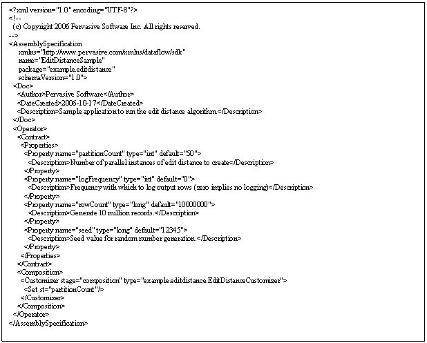 Text Box: <?xml version=1.0 encoding=UTF-8?> <!-- (c) Copyright 2006 Pervasive Software Inc. All rights reserved. --> <AssemblySpecification xmlns=http://www.pervasive.com/xmlns/dataflow/sdk name=EditDistanceSample package=example.editdistance schemaVersion=1.0> <Doc> <Author>Pervasive Software</Author> <DateCreated>2006-10-17</DateCreated> <Description>Sample application to run the edit distance algorithm.</Description> </Doc> <Operator> <Contract> <Properties> <Property name=partitionCount type=int default=50> <Description>Number of parallel instances of edit distance to create</Description> </Property> <Property name=logFrequency type=int default=0> <Description>Frequency with which to log output rows (zero implies no logging)</Description> </Property> <Property name=rowCount type=long default=10000000> <Description>Generate 10 million records.</Description> </Property> <Property name=seed type=long default=12345> <Description>Seed value for random number generation.</Description> </Property> </Properties> </Contract> <Composition> <Customizer stage=composition type=example.editdistance.EditDistanceCustomizer> <Set st=partitionCount/> </Customizer> </Composition> </Operator> </AssemblySpecification>