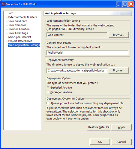 The web application settings property page